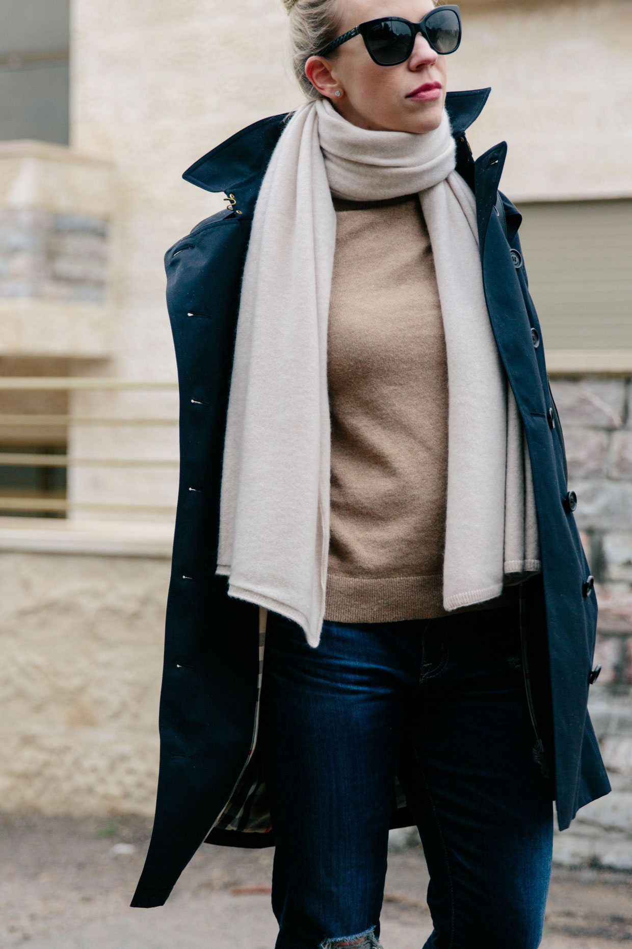 Meagan Brandon fashion blogger of Meagan's Moda wears navy Burberry  Sandringham trench coat with beige scarf and camel turtleneck - Meagan's  Moda