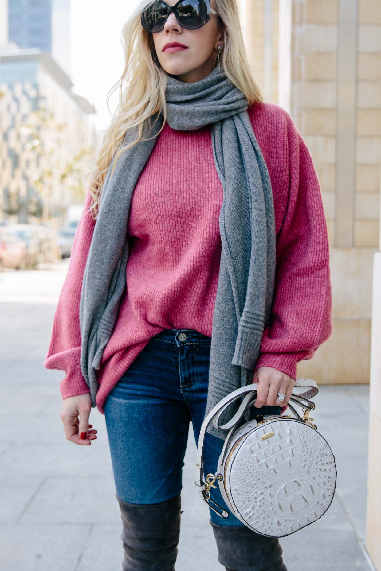 Meagan Brandon fashion blogger of Meagan's Moda wears oversized gray tunic  sweater with Louis Vuitton scarf, how to wear LV scarf - Meagan's Moda