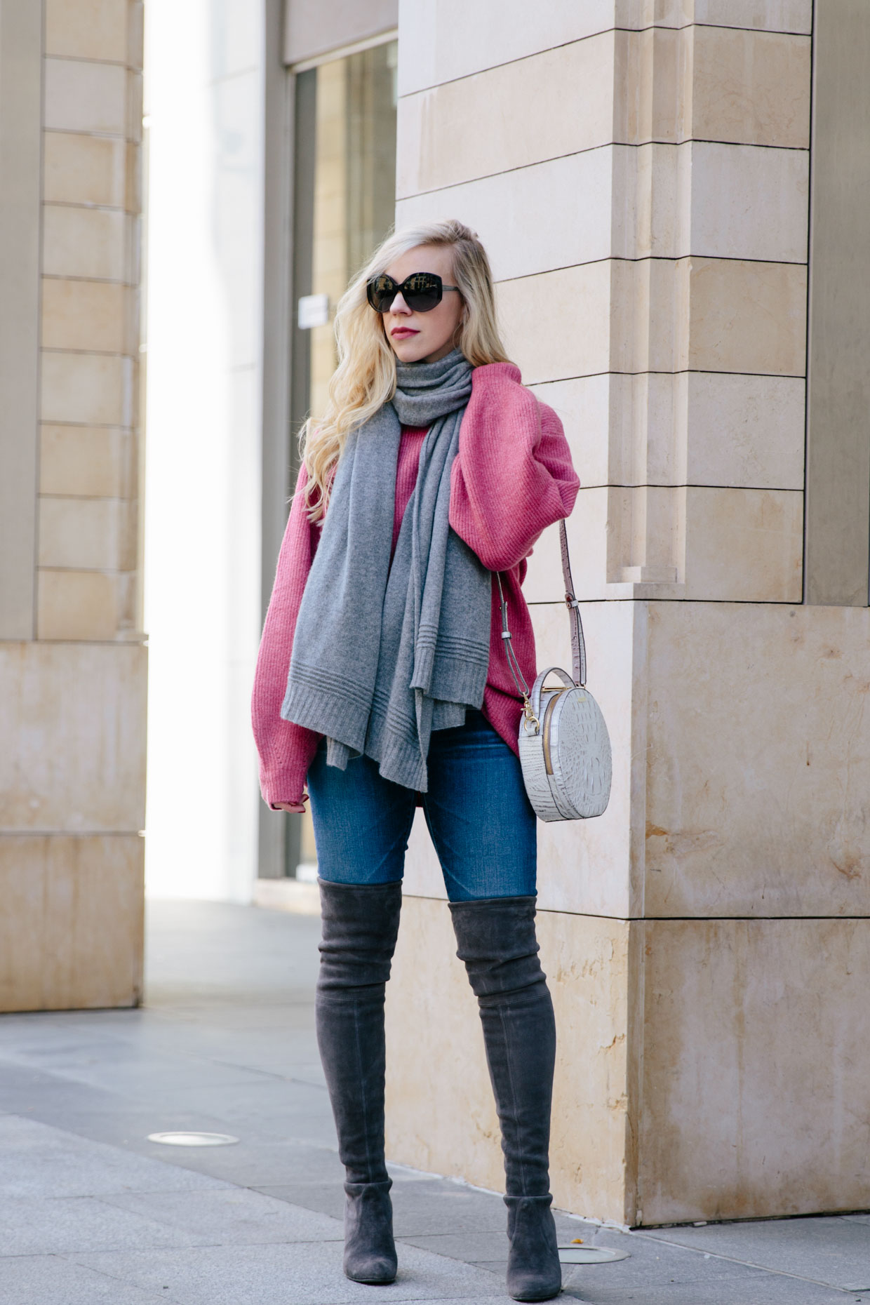 Meagan Brandon fashion blogger of Meagan's Moda wears oversized gray tunic  sweater with Louis Vuitton scarf, how to wear LV scarf - Meagan's Moda