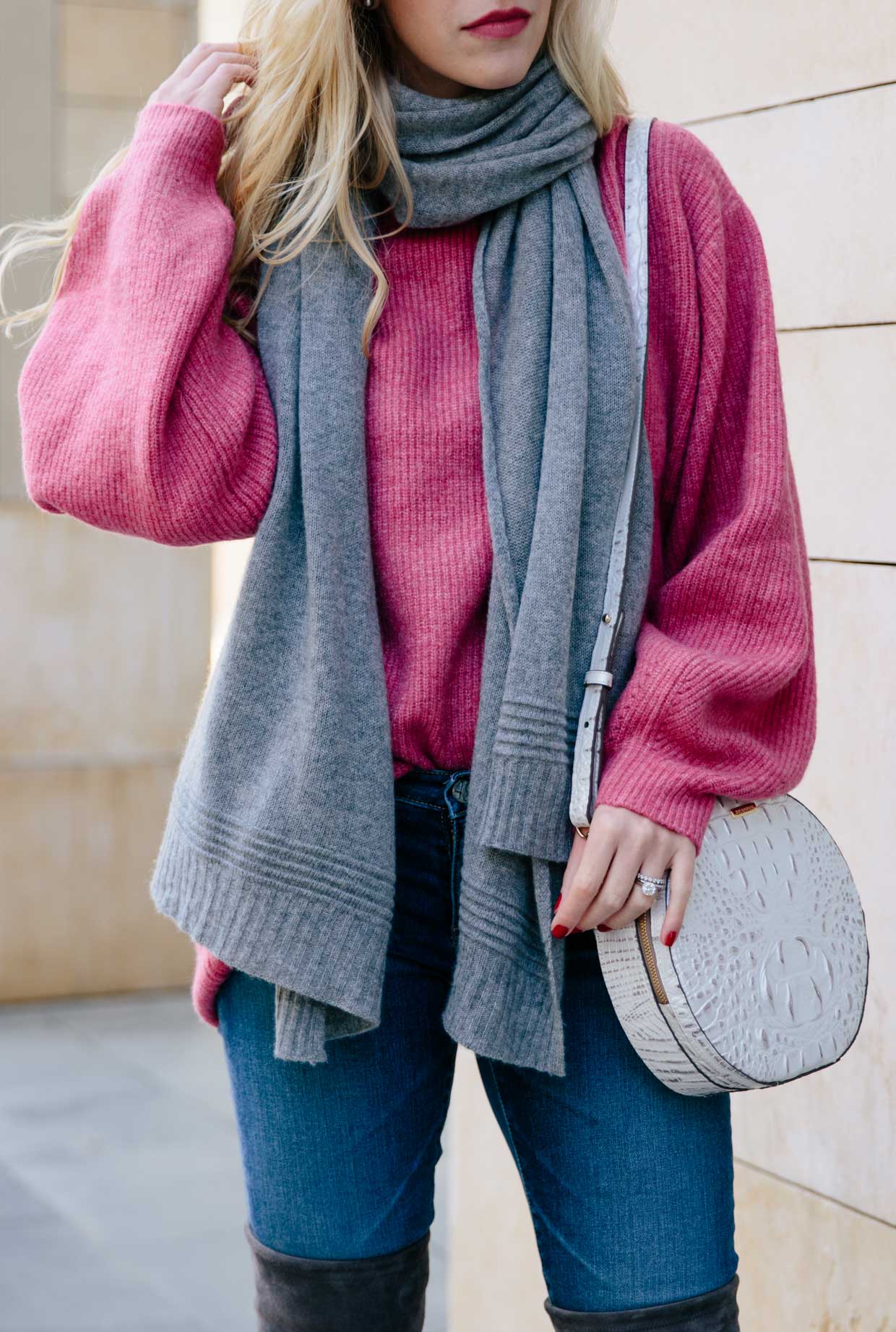 blush pink scarf with tan sweater, white distressed boyfriend jeans, Louis  Vuitton totally MM monogram tote, pink scarf spring outfit - Meagan's Moda