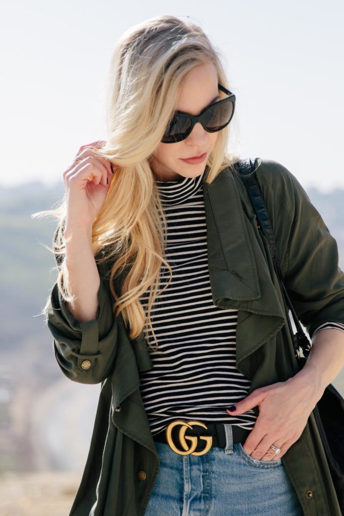 Transitional Spring Outfit Idea with Olive Jacket & Striped Turtleneck ...