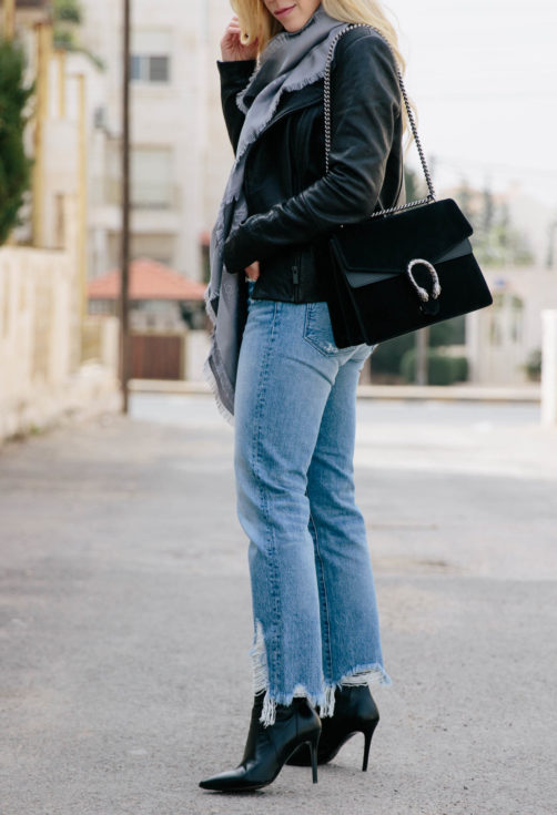 All-Season Layered Look with a Leather Jacket & Straight Leg Jeans ...