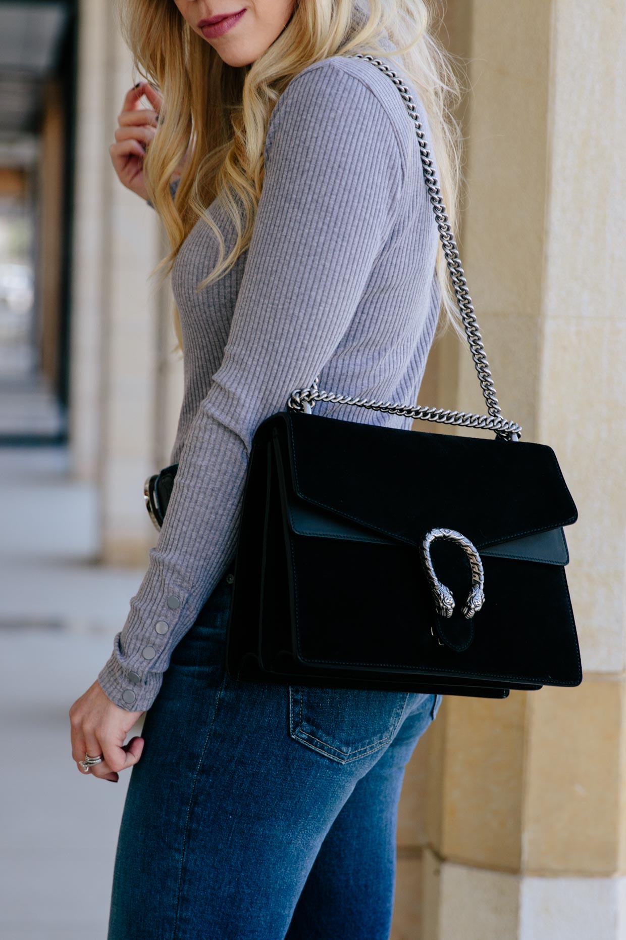 Outfit with black suede Gucci Dionysus bag - Meagan's Moda