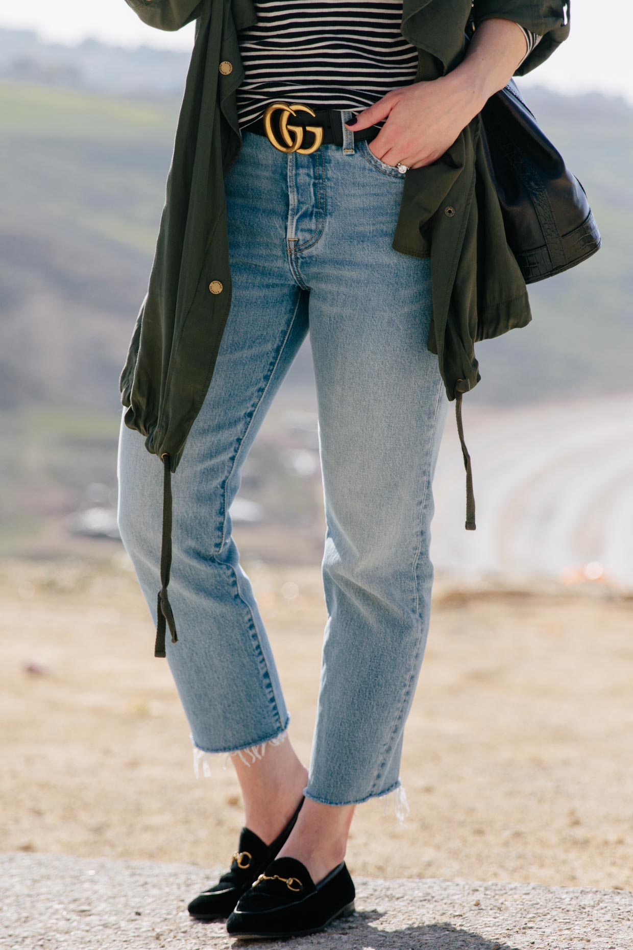 Transitional Spring Outfit Idea with Olive Jacket & Striped