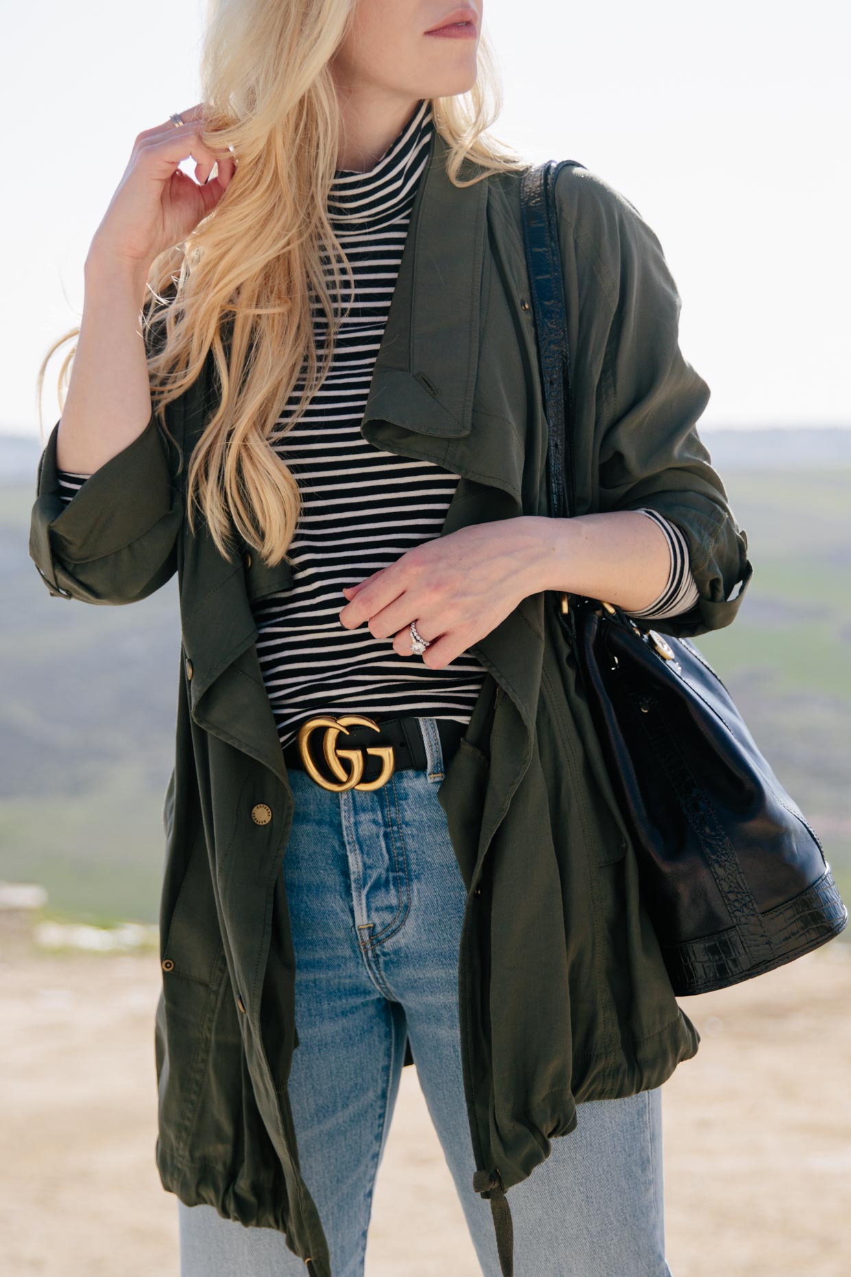 Transitional Spring Outfit Idea with Olive Jacket & Striped