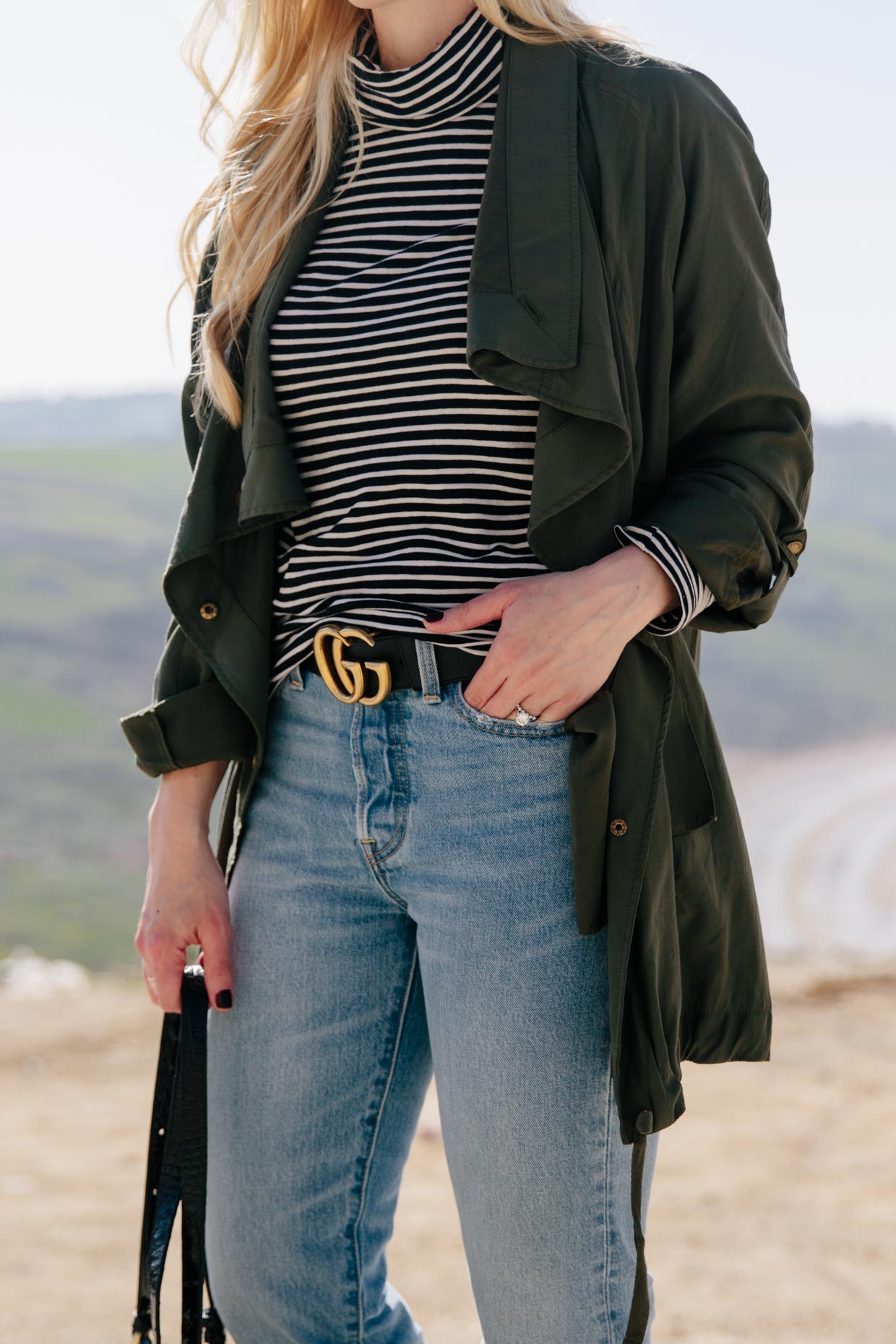 Transitional Spring Outfit Idea with Olive Jacket & Striped