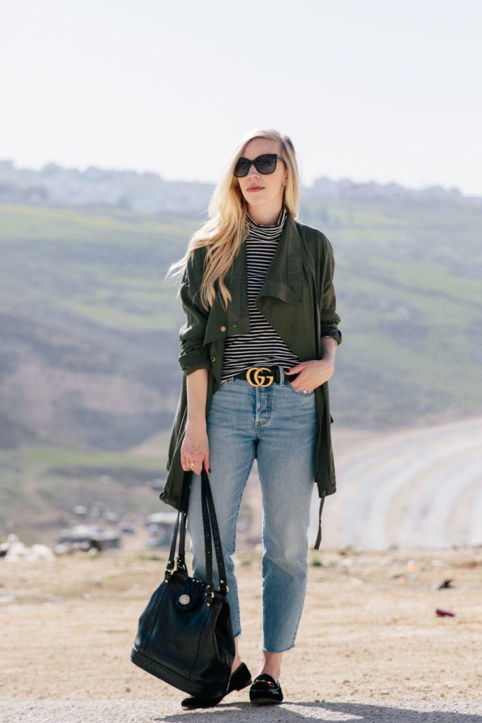 Transitional Spring Outfit Idea with Olive Jacket & Striped Turtleneck ...