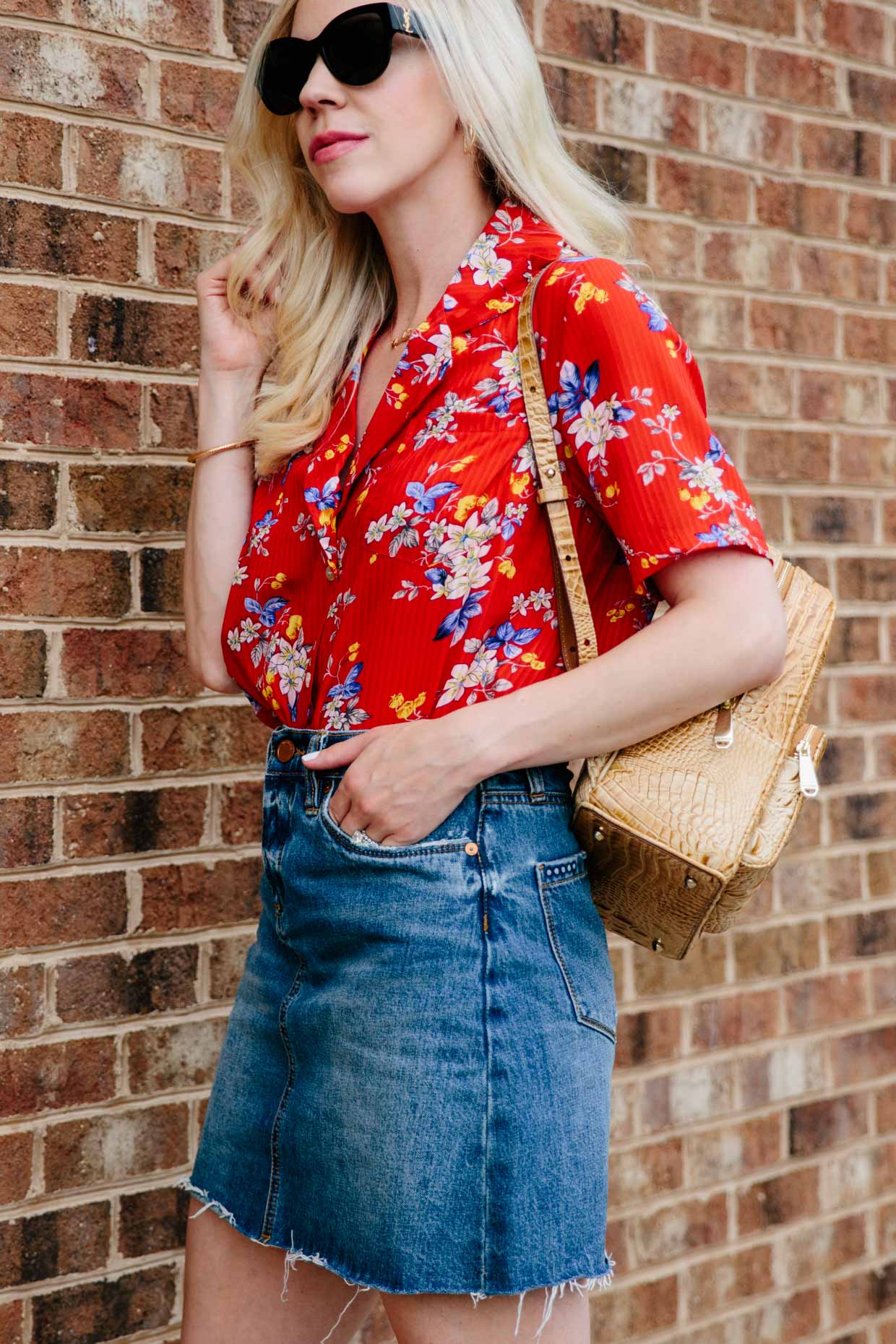 Denim skirt and red top best sale