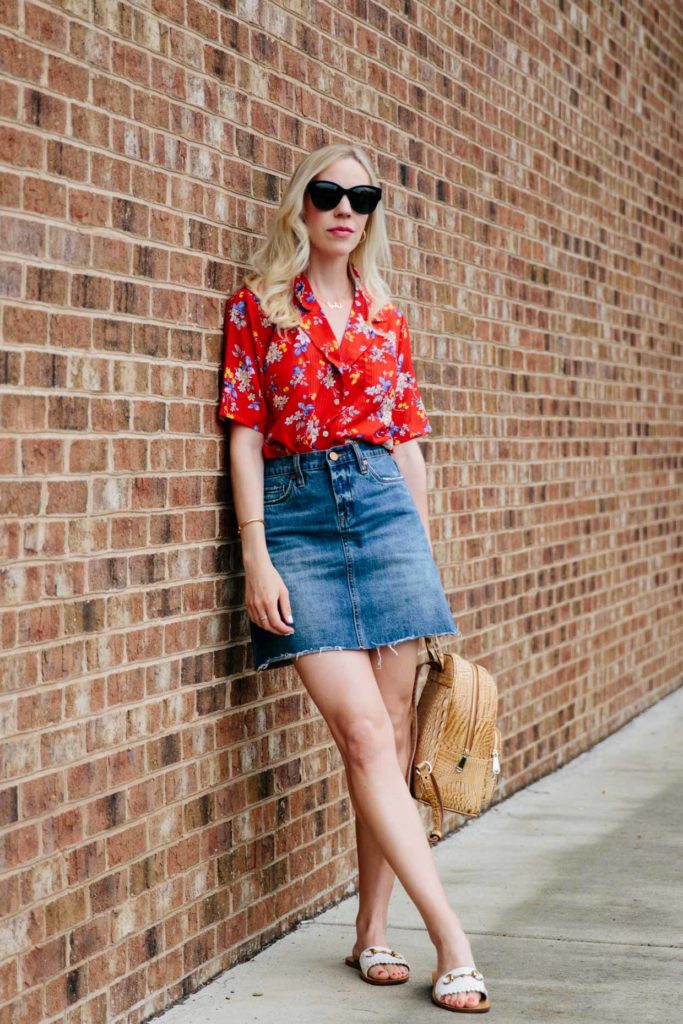 Retro Red: Floral Print Shirt & Denim Mini Skirt - Meagan's Moda