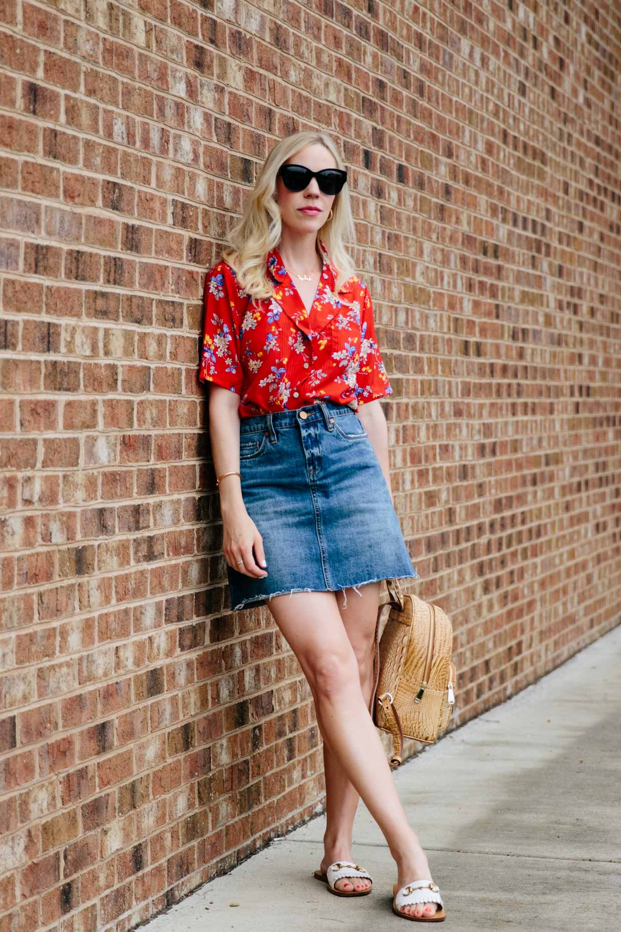 Retro Red Floral Print Shirt Denim Mini Skirt Meagan s Moda