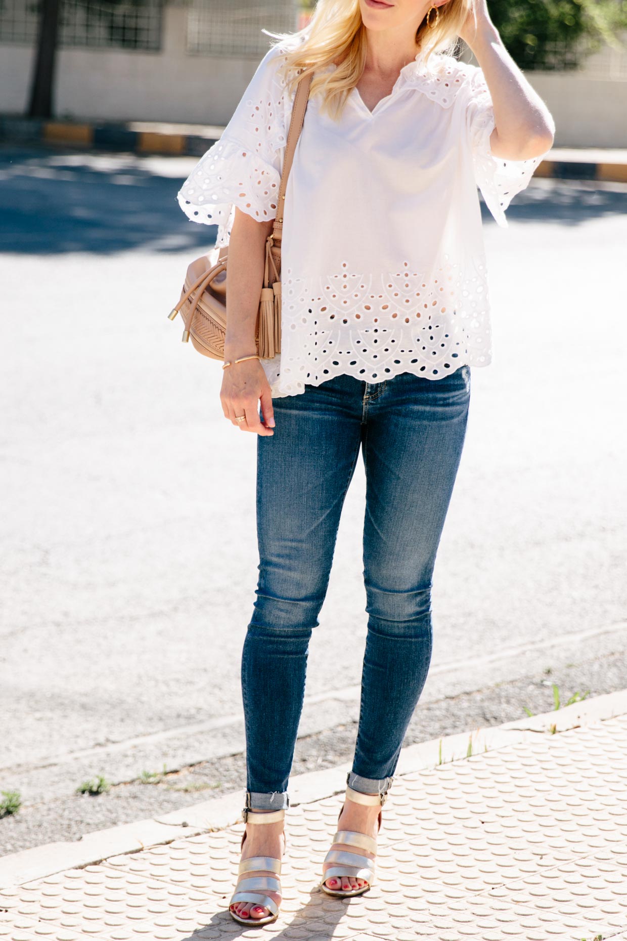 Easy Summer Style: White Eyelet Blouse & Metallic Sandals - Meagan's Moda