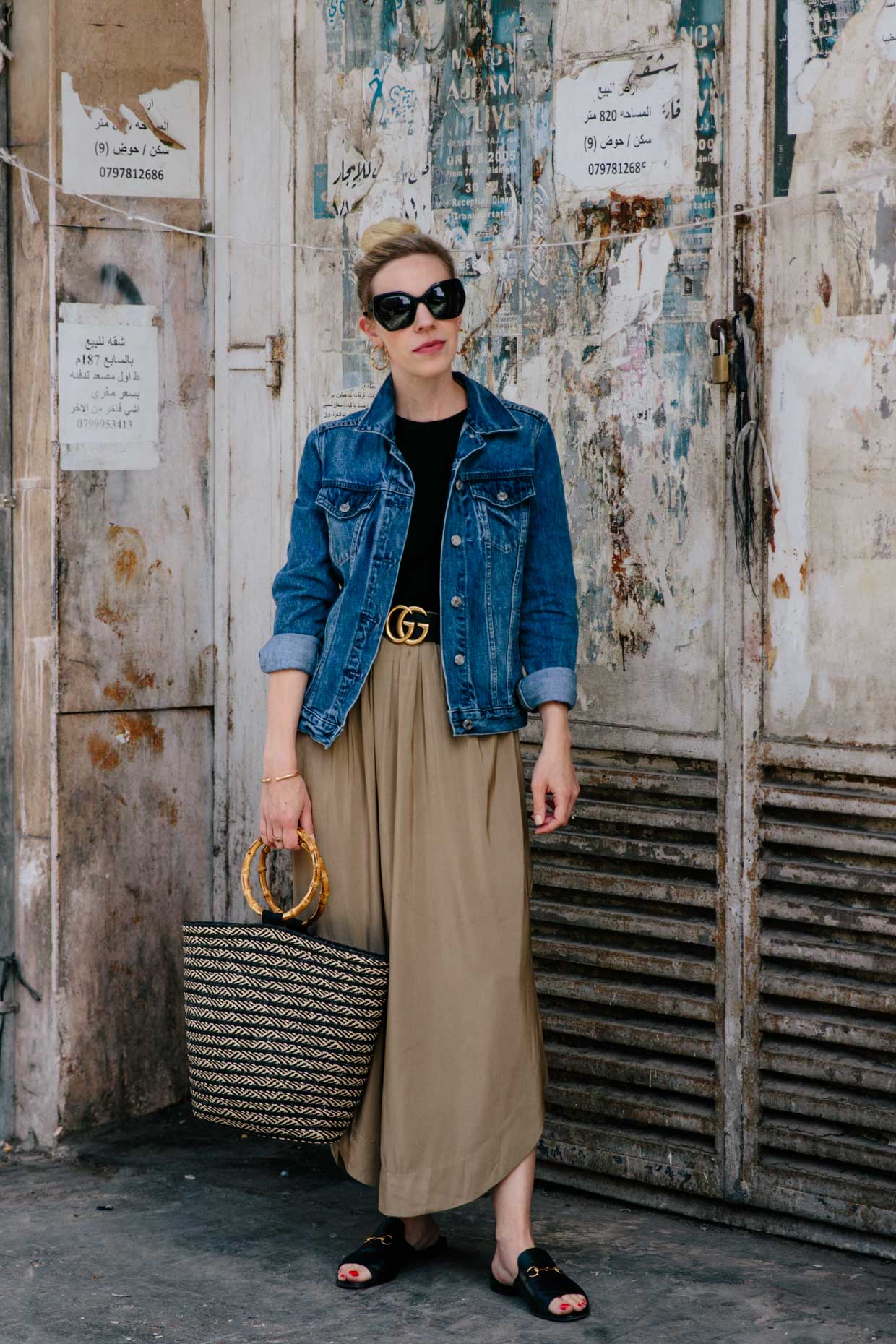 J. Crew cropped denim jacket with Ferragamo silk necktie scarf, HOSS olive  track pants, safari inspired outfit, how to wear silk scarf - Meagan's Moda