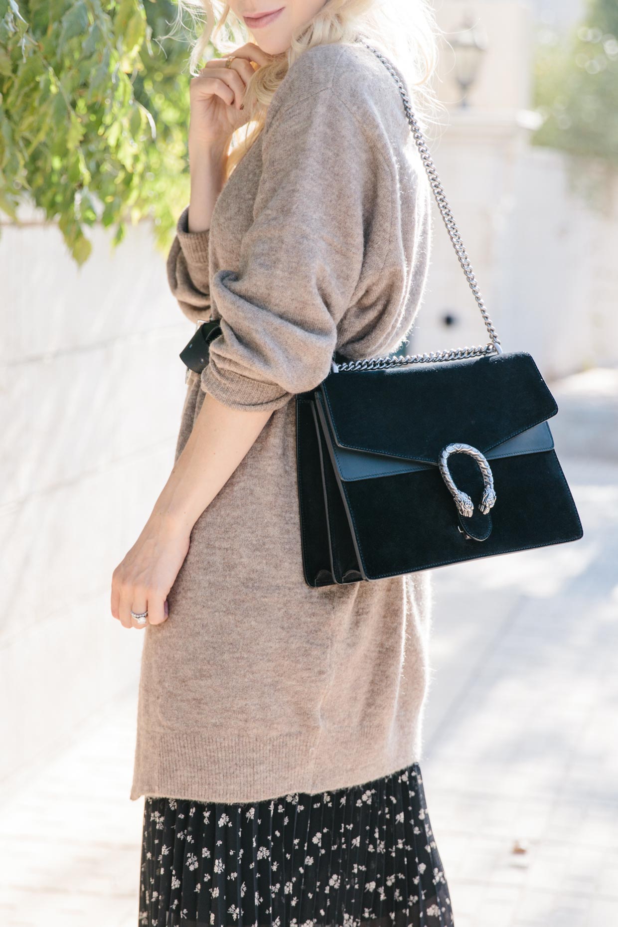 Outfit with black suede Gucci Dionysus bag - Meagan's Moda