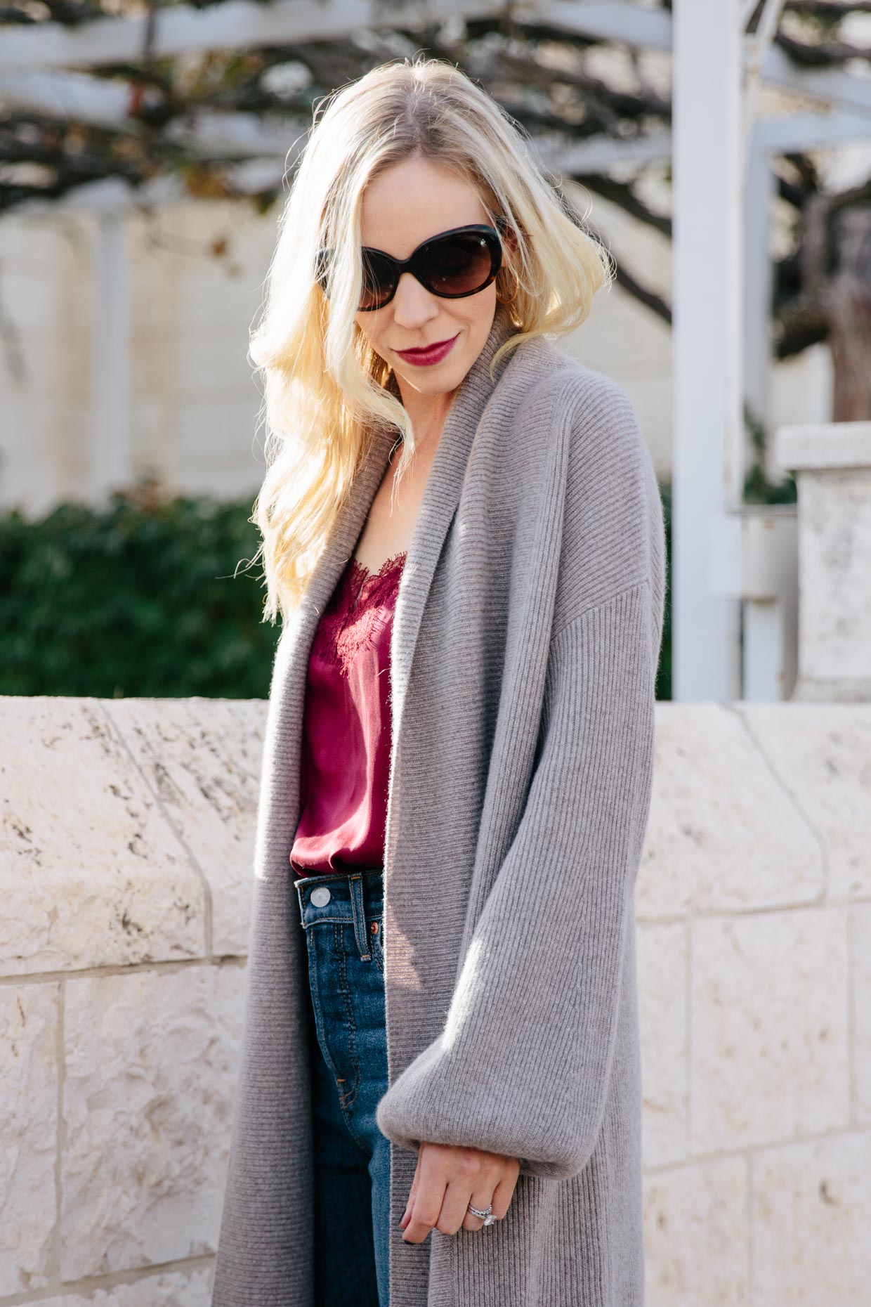 How to wear an oversized blouson sleeve cardigan for fall with lace  camisole and high waist jeans - Meagan's Moda
