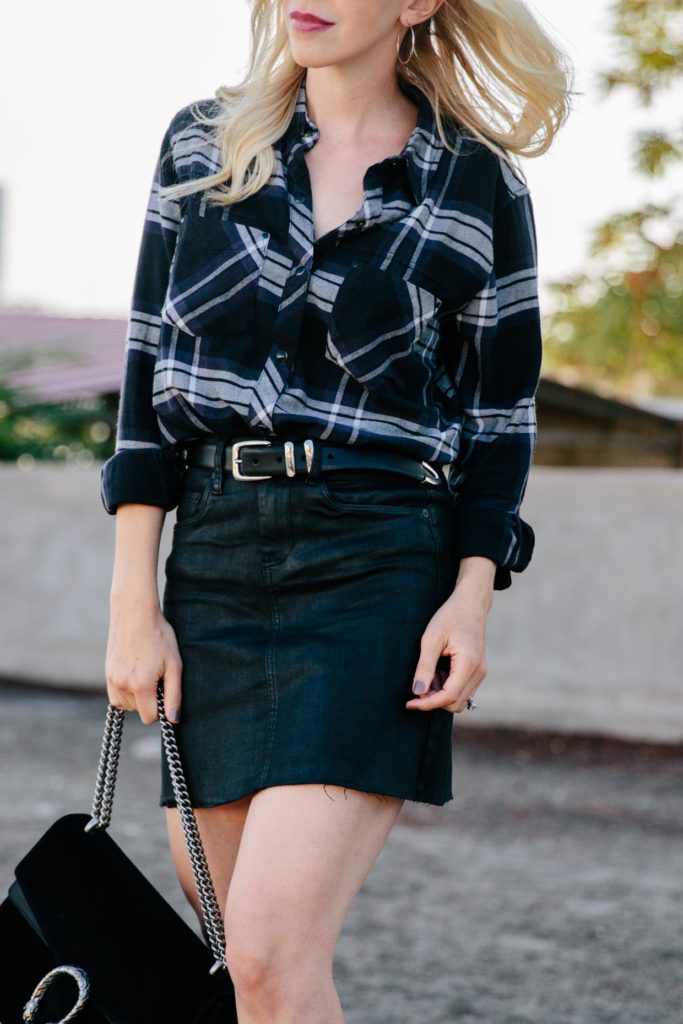 Urban Cowgirl: Plaid Shirt and Coated Denim Skirt - Meagan's Moda