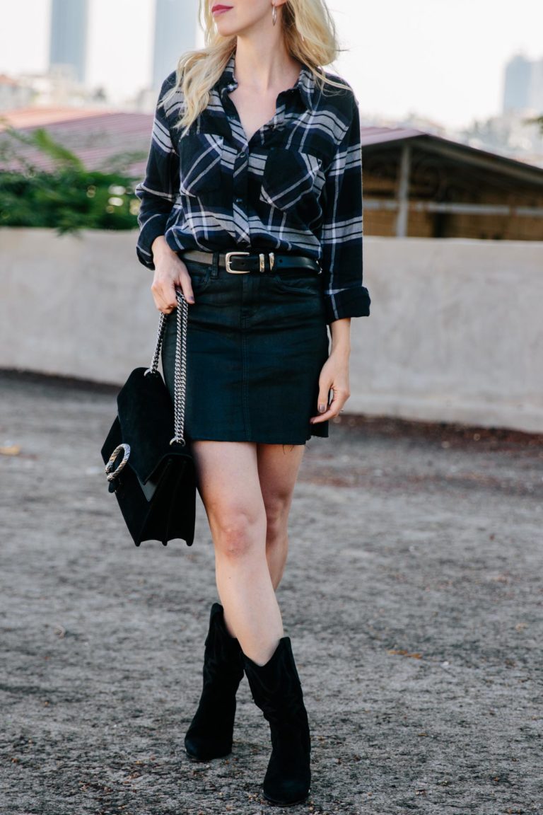 Urban Cowgirl: Plaid Shirt and Coated Denim Skirt - Meagan's Moda