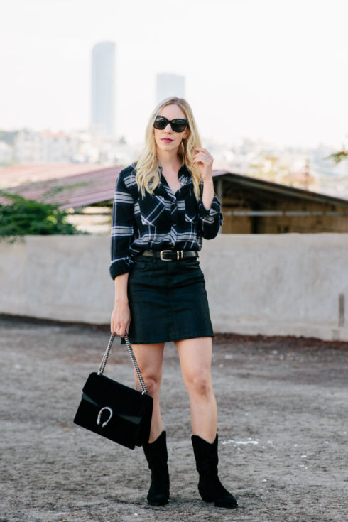 Urban Cowgirl: Plaid Shirt and Coated Denim Skirt - Meagan's Moda