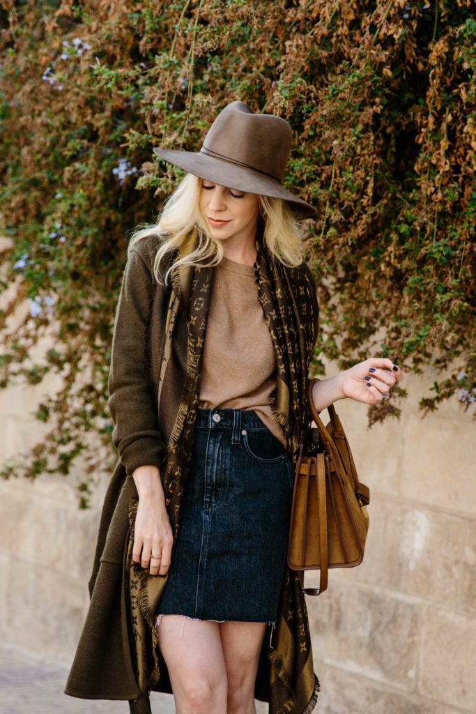 Neutral Fall Layering: Sweater Coat with Denim Skirt and Western Boots ...