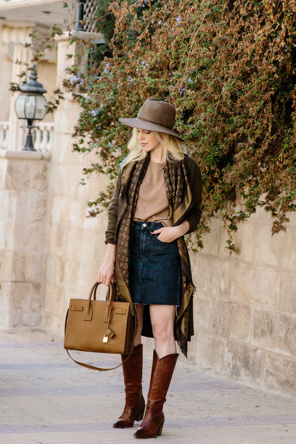 fashion-blogger-wearing-camel-coat-and-brown-louis-vuitton -shine-shawl-monogram-scarf - Meagan's Moda