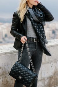 How to style a Louis Vuitton scarf with a leather jacket and gray denim, Louis Vuitton black ...