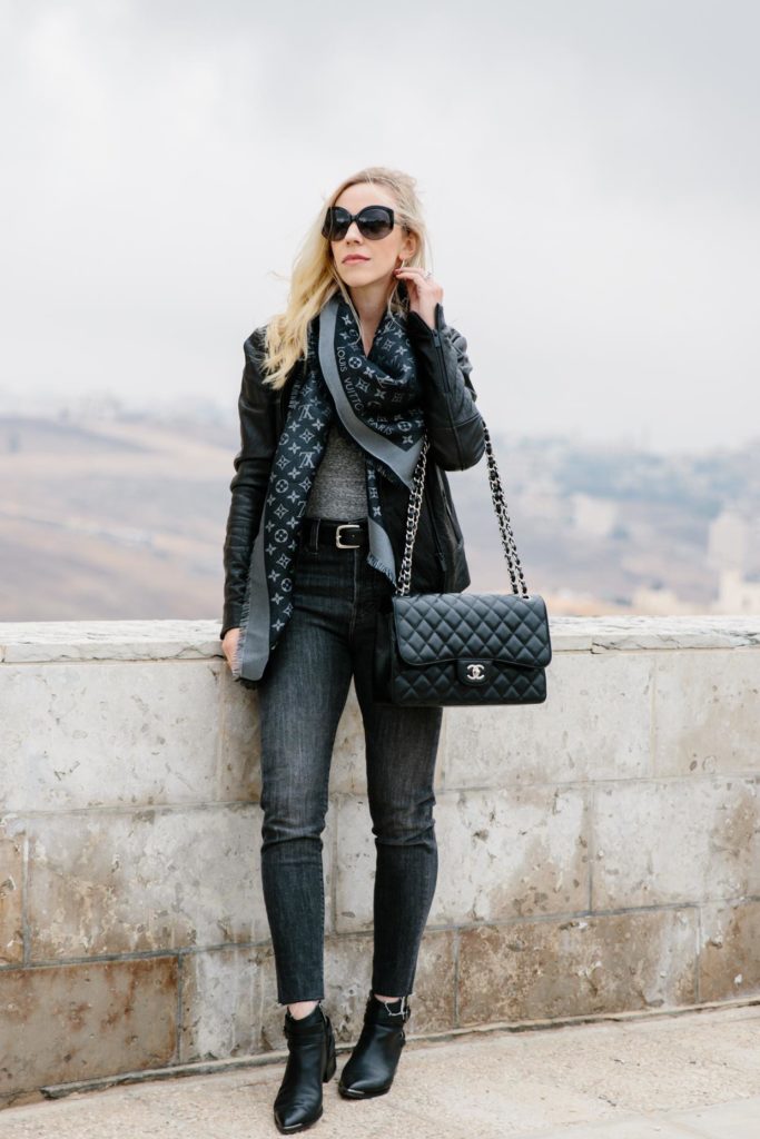 Stormy: Leather Moto Jacket with Louis Vuitton Scarf and Gray Denim ...