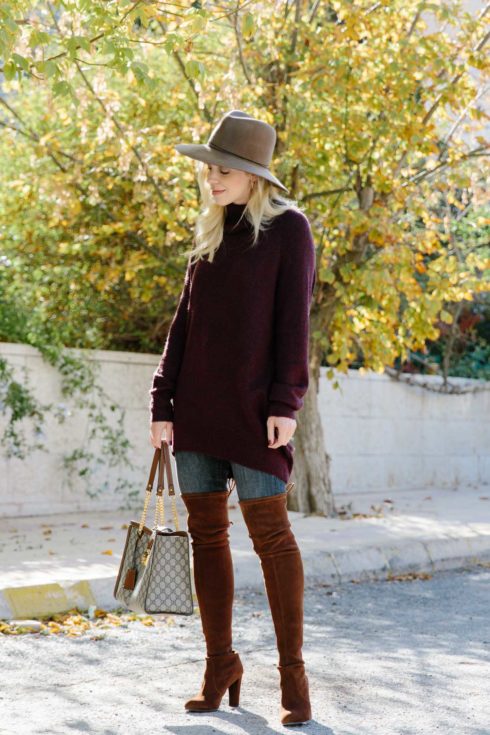 Autumn Color Palette: Burgundy Turtleneck, Gray Denim & Brown Boots ...