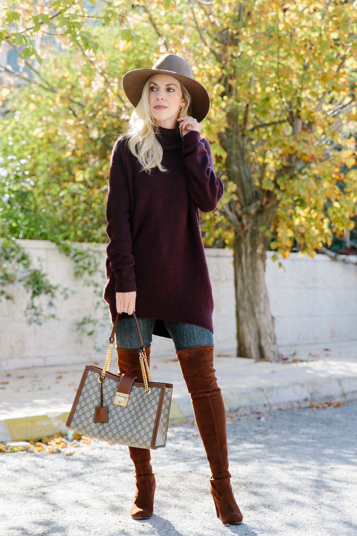 Lauren Conrad for kohls burgundy wine leather circle skirt, leather skater  skirt, burgundy red leather skirt, cropped cable sweater, ZARA plaid  blanket scarf, brown suede ankle boots, Louis Vuitton totally MM tote 