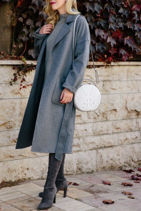Monochromatic Gray: Wrap Coat, Sweater Dress & Over the Knee Boots ...