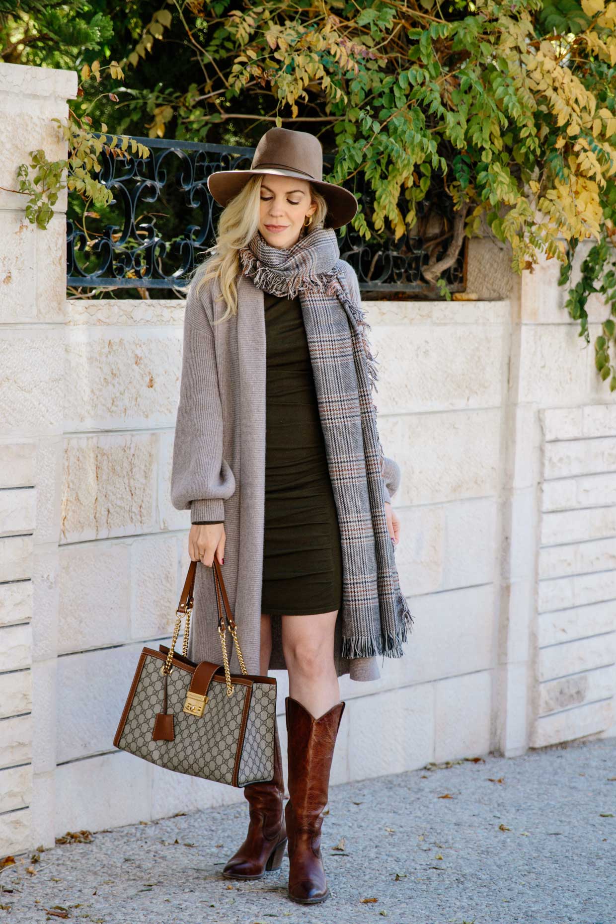 Meagan Brandon fashion blogger of Meagan's Moda wears brown monogram Louis  Vuitton scarf with gray jeans and Frye suede booties, best casual outfit  idea for new moms - Meagan's Moda