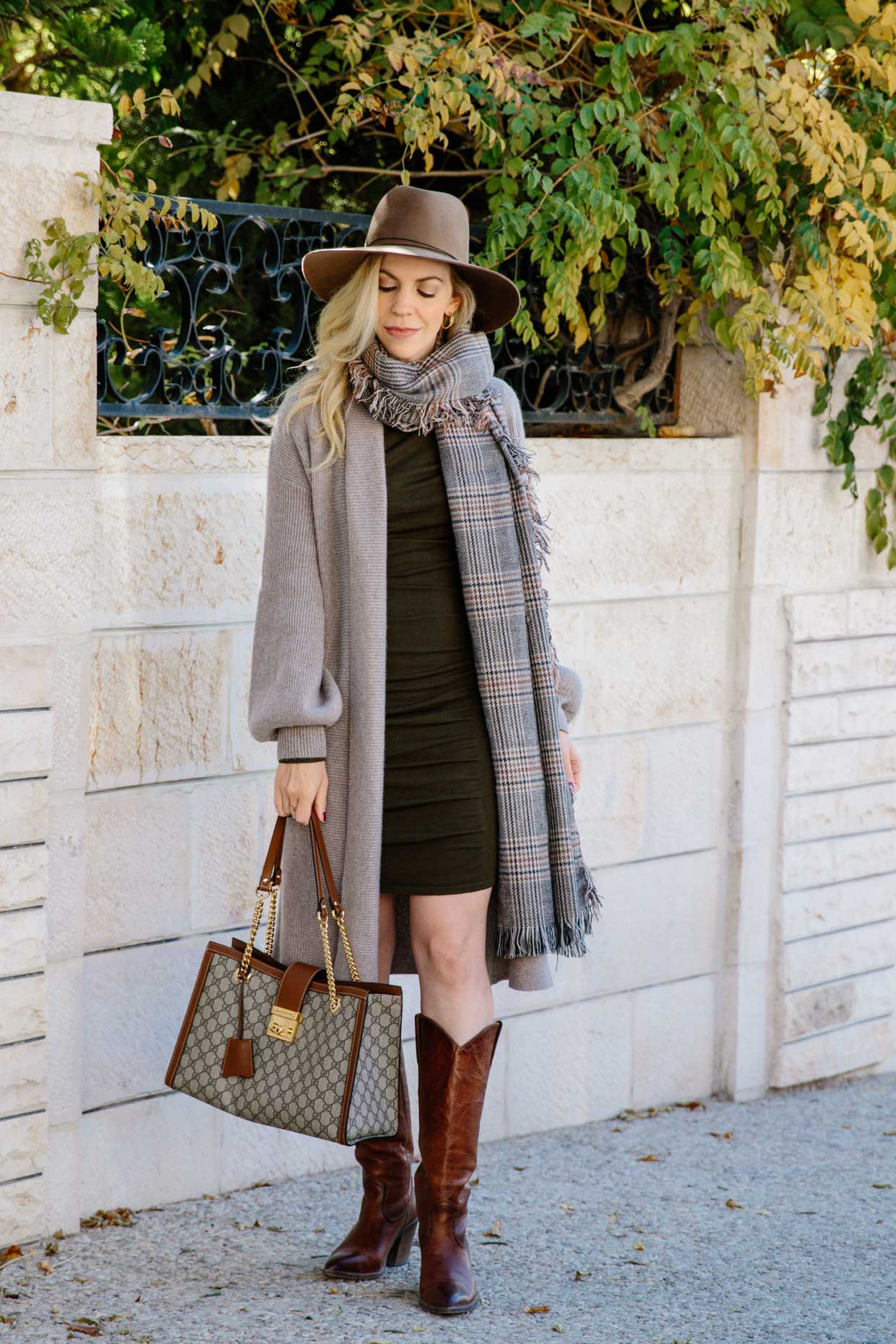 Zara plaid blanket scarf, how to wear a blanket scarf, H&M camel wool  panama hat, Louis Vuitton totally mm tote - Meagan's Moda