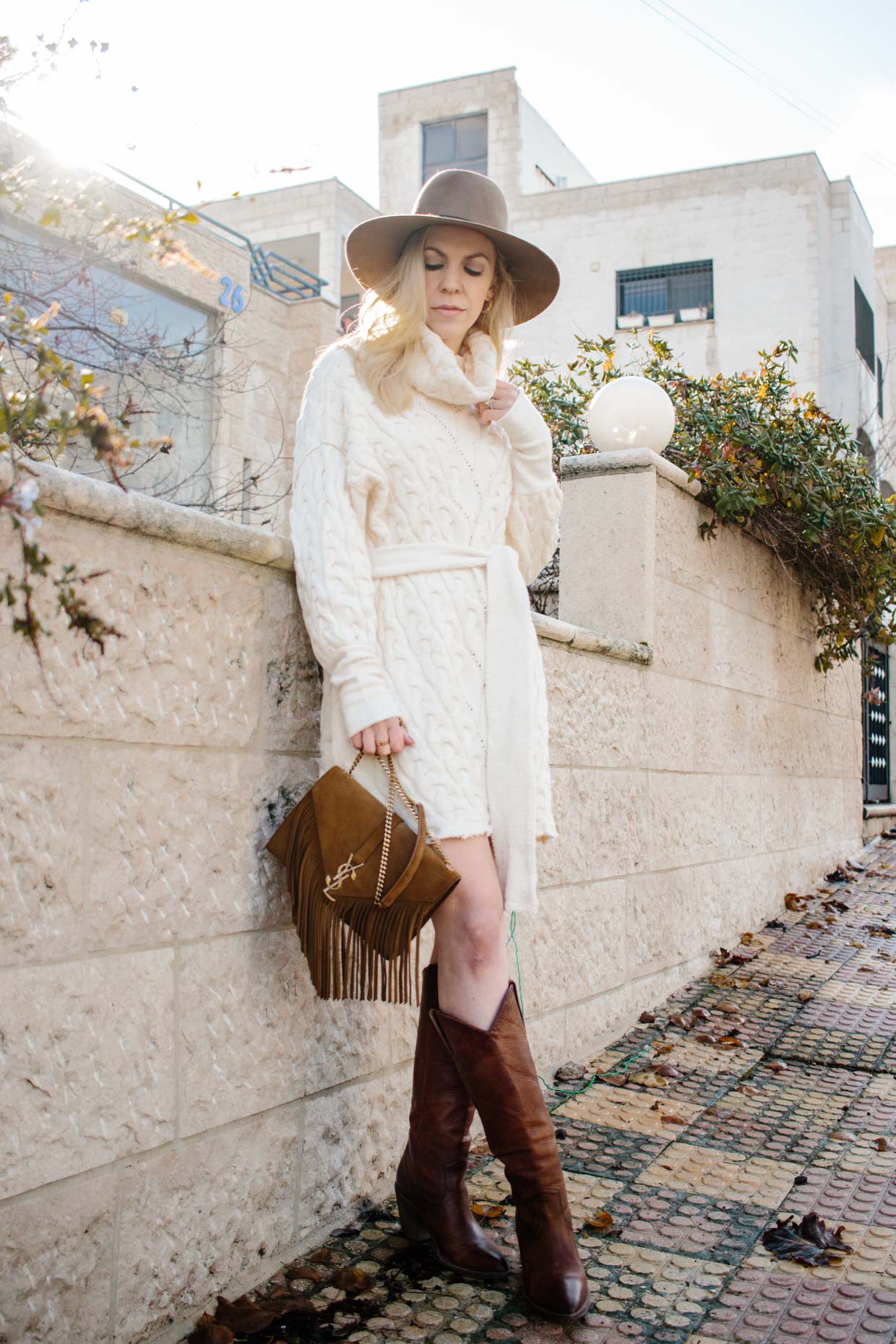 Meagan Brandon fashion blogger wears oversized sweater dress with Gucci  Marmont belt and Stuart Weitzman Scrunchy knee boots, how to wear an  oversized sweater dress - Meagan's Moda