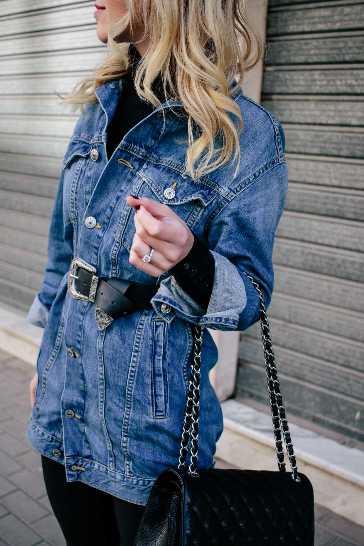 Meagan Brandon fashion blogger of Meagan's Moda wears H&M belted plaid  blazer with Louis Vuitton monogram scarf, Levi's wedgie jeans and sock boots  - Meagan's Moda