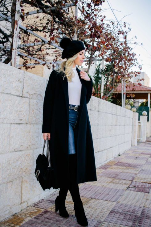 Windy Winter Layers in Amman: Black Wrap Coat & Over the Knee Boots ...