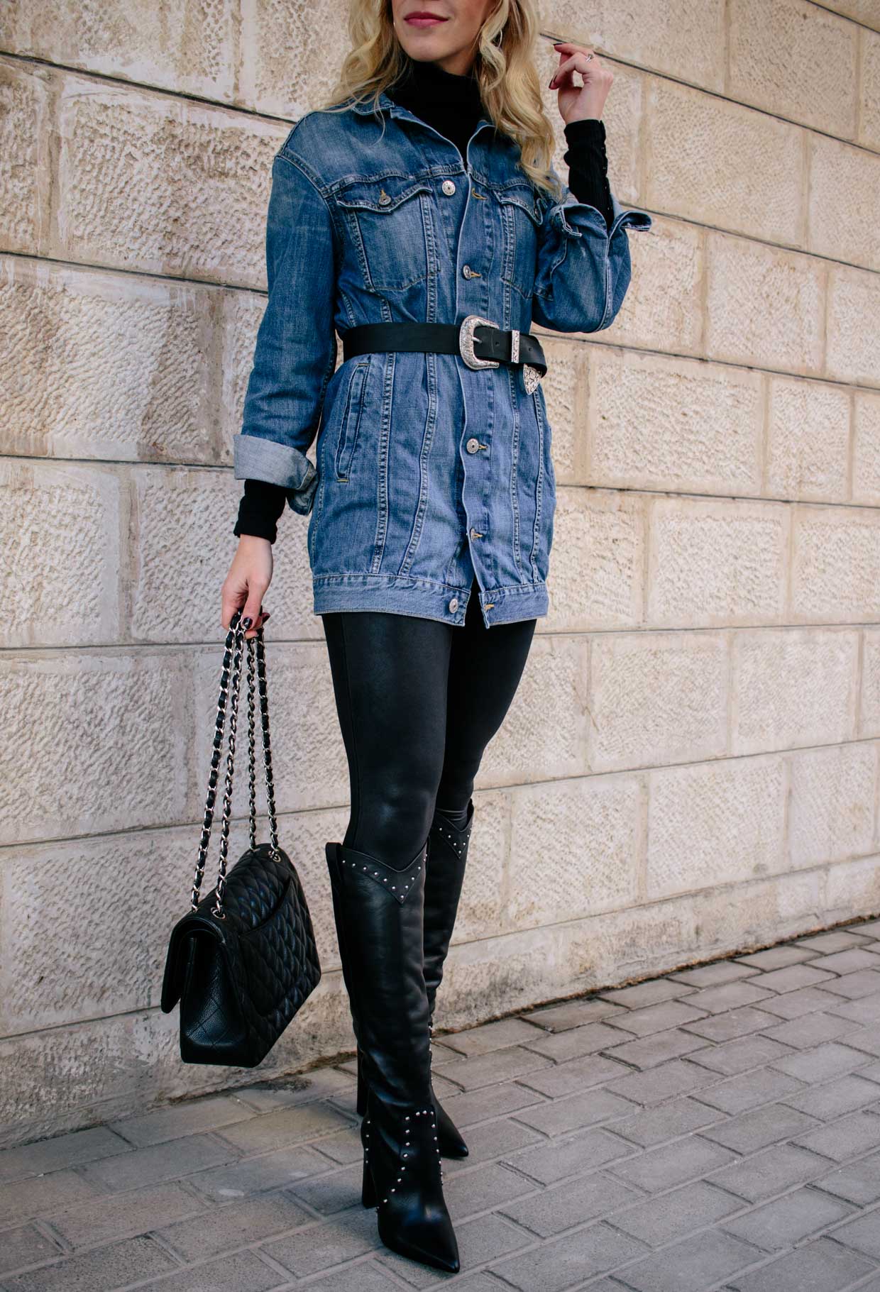 Western Meets Edgy: Oversized Denim Shirt with Black Jeans & Suede Boots -  Meagan's Moda