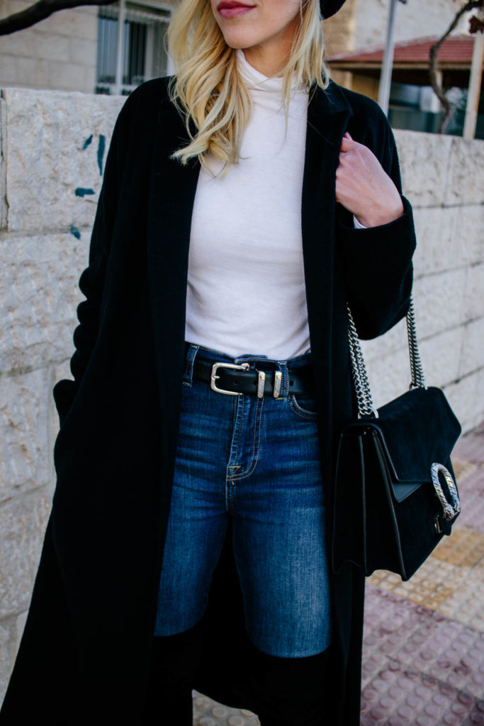 Windy Winter Layers in Amman: Black Wrap Coat & Over the Knee Boots ...