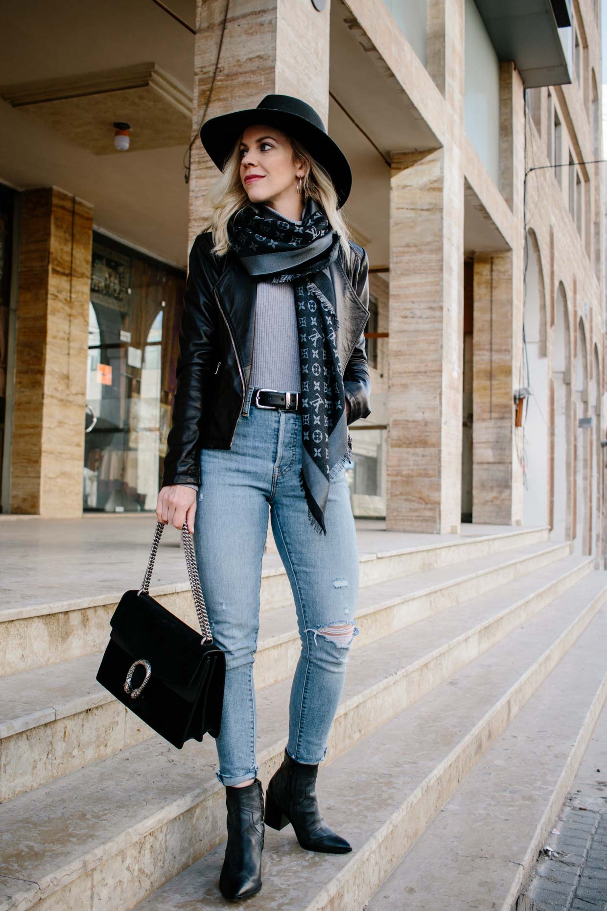 Leather Jacket & Louis Vuitton Scarf - Meagan's Moda