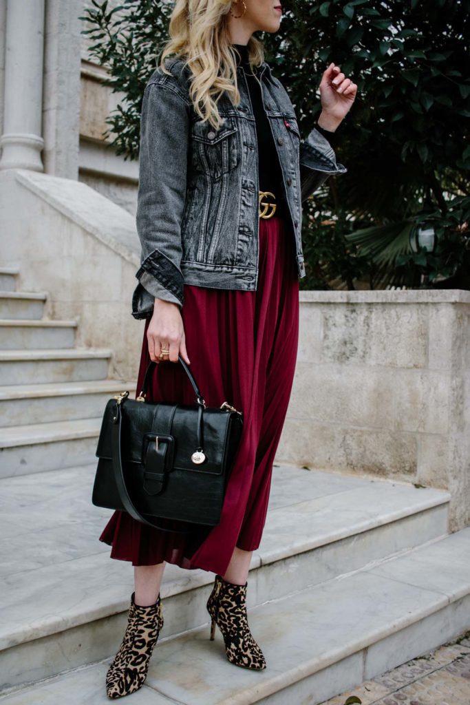 Black Denim Jacket & Burgundy Pleated Skirt - Meagan's Moda