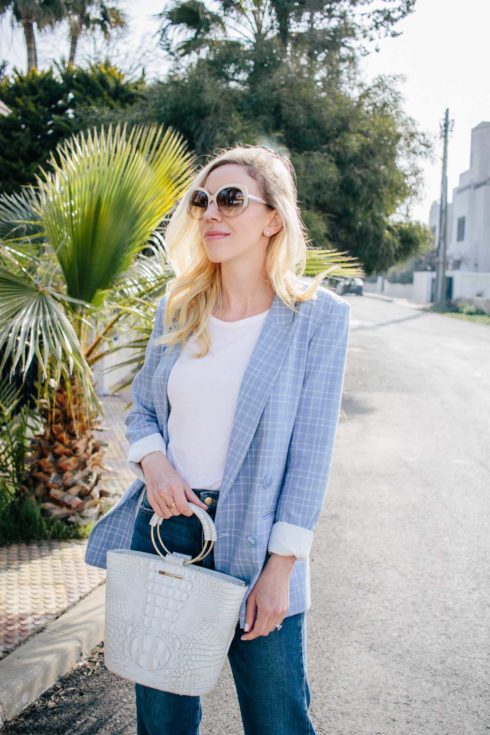 Miami Vice Vibes: Blue Plaid Blazer & White Accents - Meagan's Moda