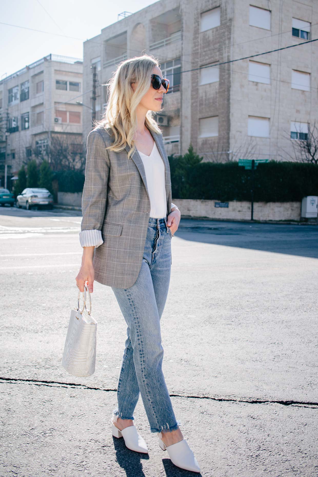 J. Crew cropped denim jacket with Ferragamo silk necktie scarf, HOSS olive  track pants, safari inspired outfit, how to wear silk scarf - Meagan's Moda