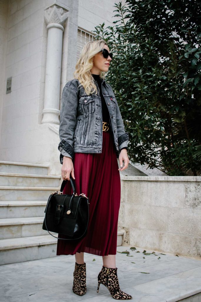 Black Denim Jacket & Burgundy Pleated Skirt - Meagan's Moda