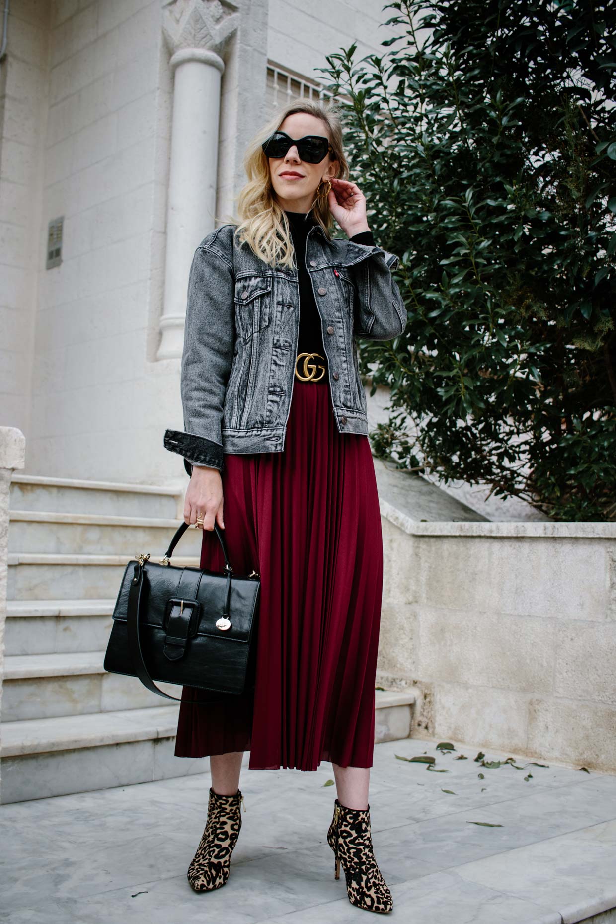 Black Denim Jacket & Burgundy Pleated Skirt - Meagan's Moda