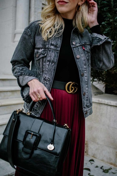 Black Denim Jacket & Burgundy Pleated Skirt - Meagan's Moda