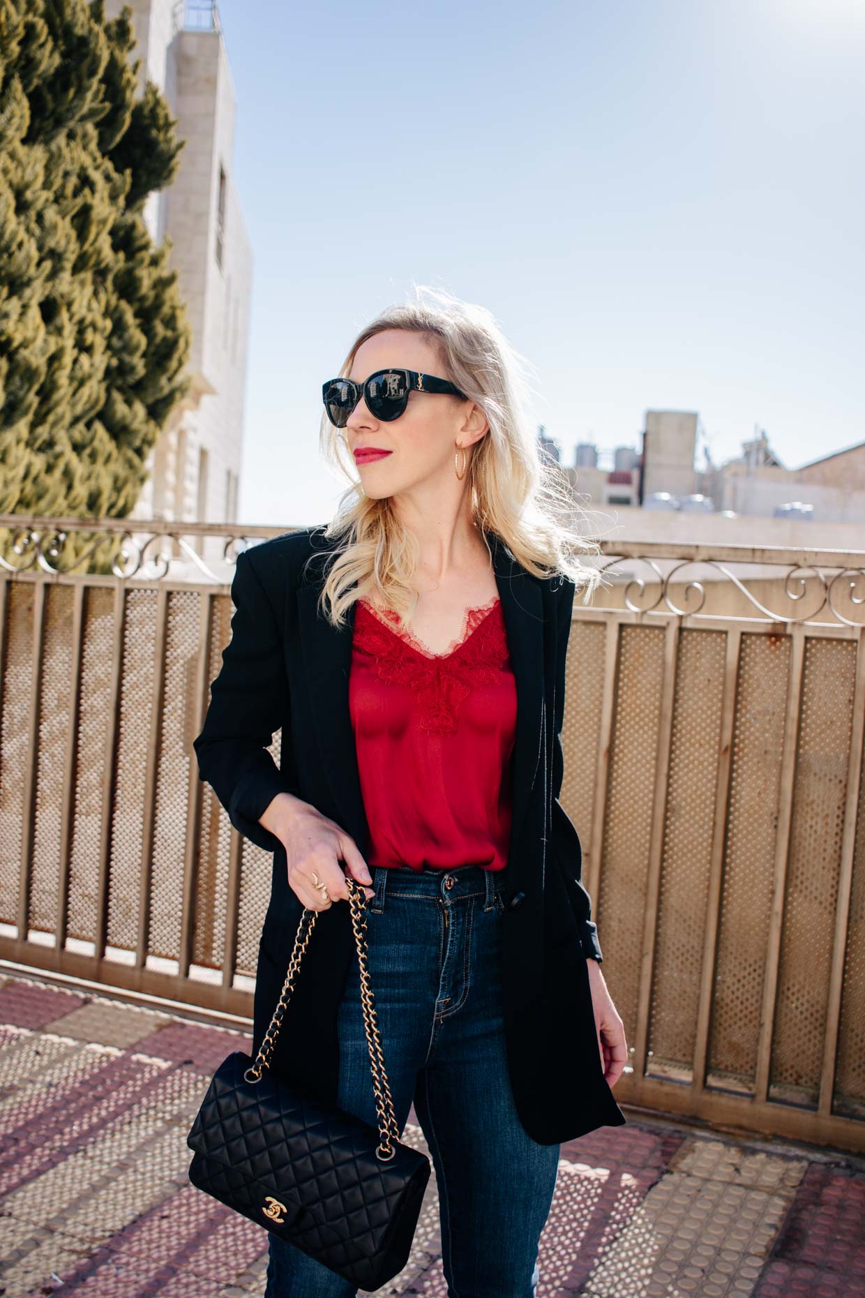 Fall outfit idea with long blazer, black lace camisole and Saint