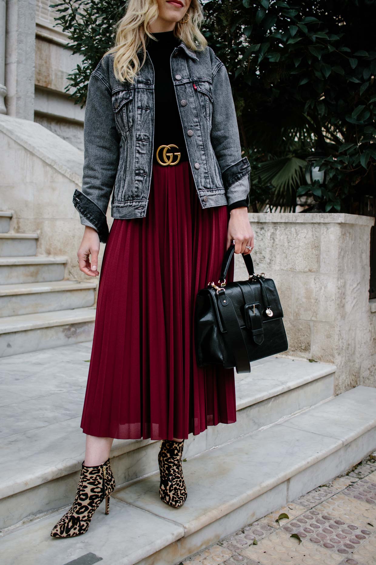 Black Denim Jacket & Burgundy Pleated Skirt - Meagan's Moda