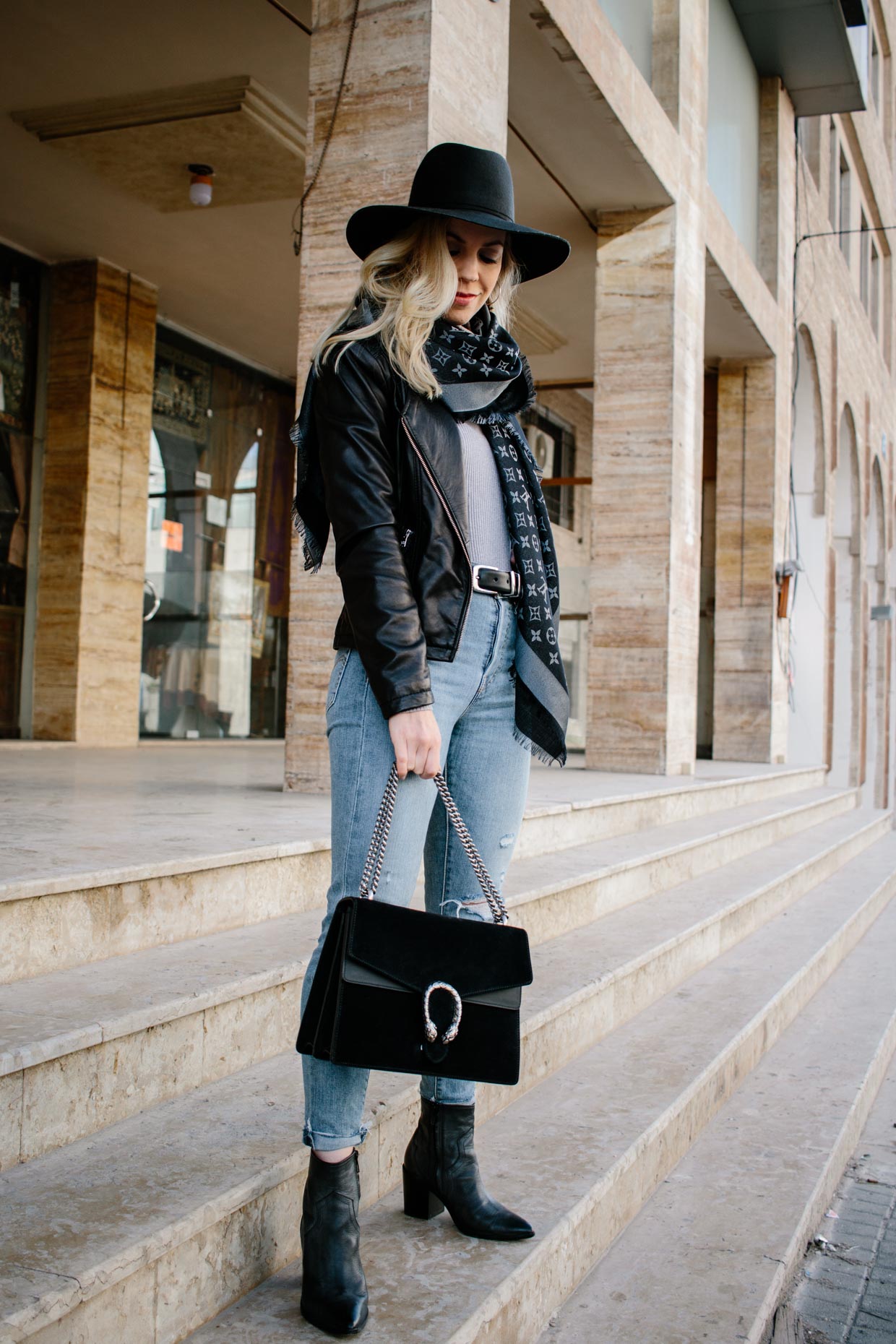 Leather Jacket & Louis Vuitton Scarf - Meagan's Moda