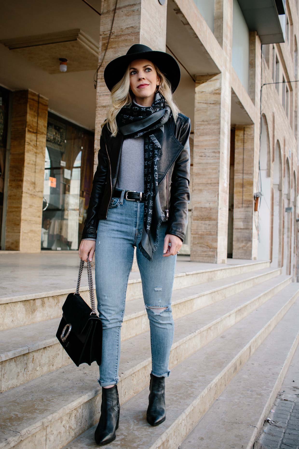 Leather Jacket & Louis Vuitton Scarf - Meagan's Moda