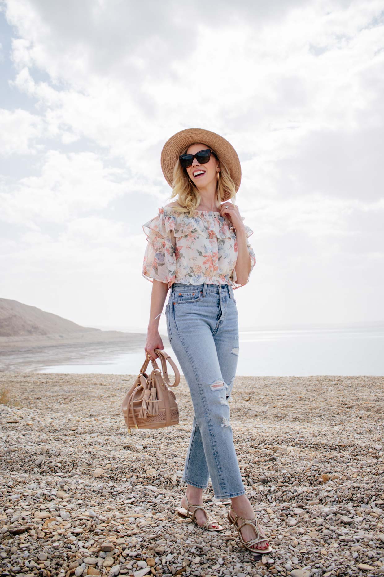 vintage Louis Vuitton Passy bag, Ann Taylor lace up tassel sandals, off the  shoulder top with crop flare jeans outfit - Meagan's Moda