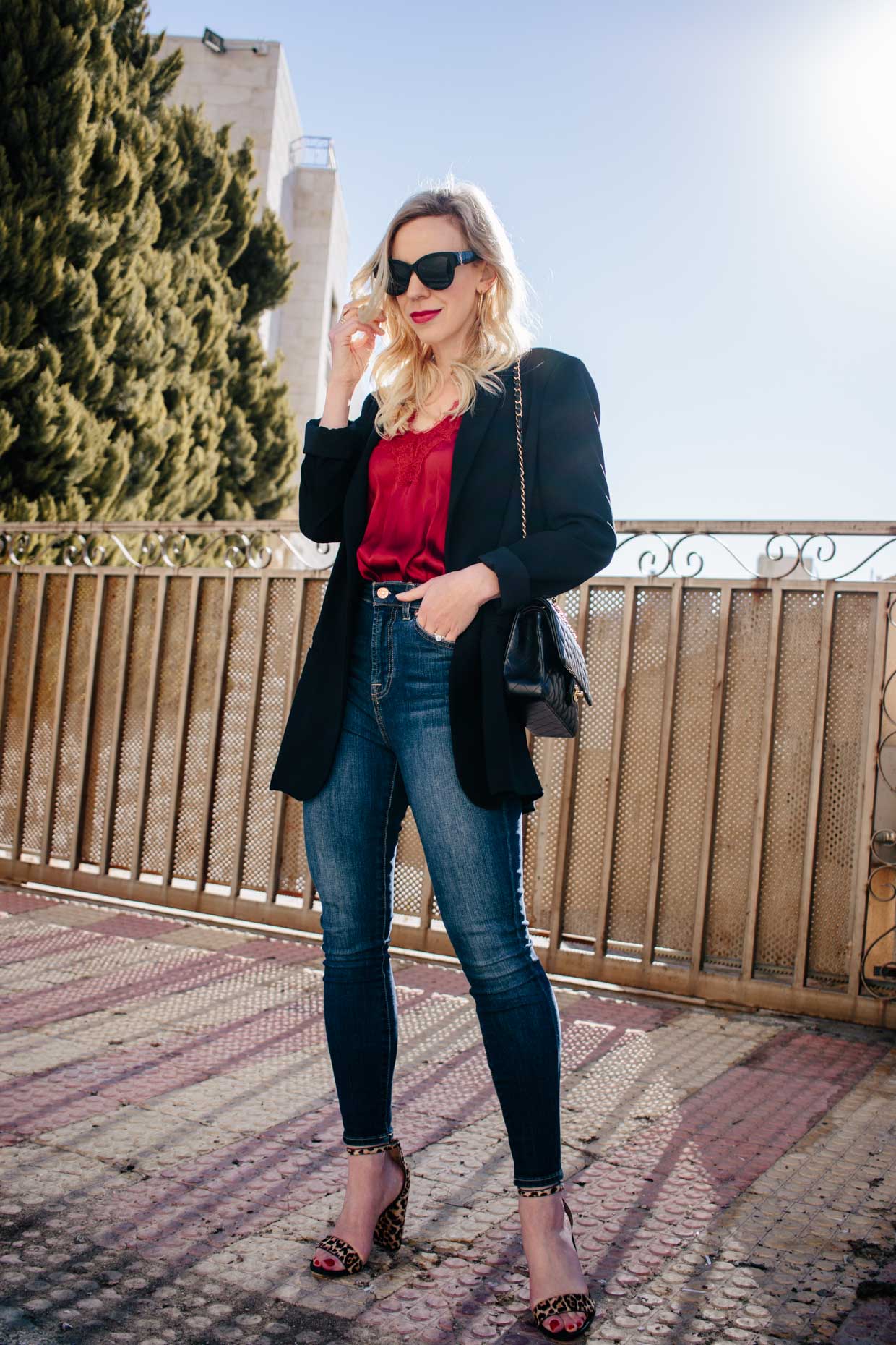 Fall outfit idea with long blazer, black lace camisole and Saint