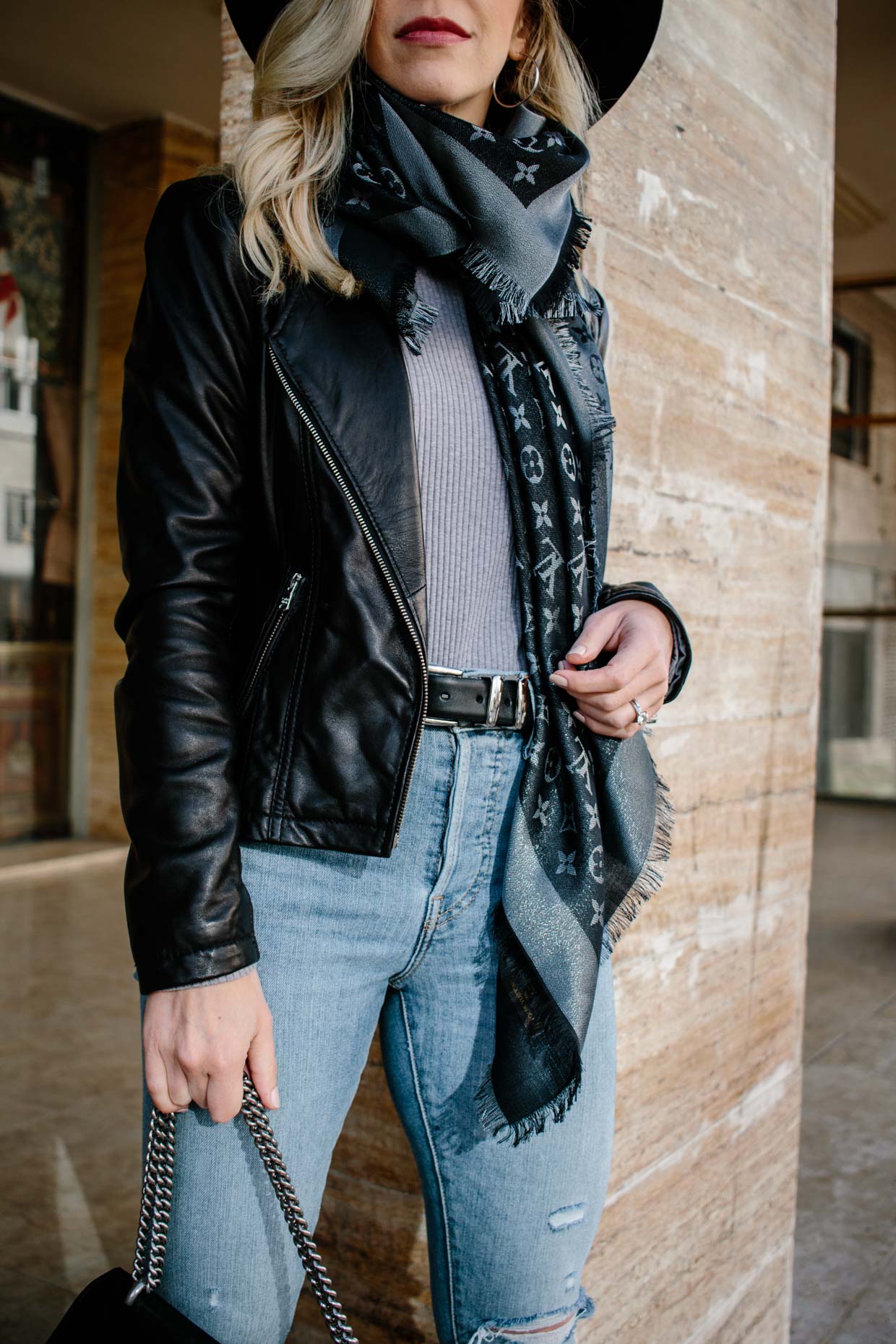 Leather Jacket & Louis Vuitton Scarf - Meagan's Moda