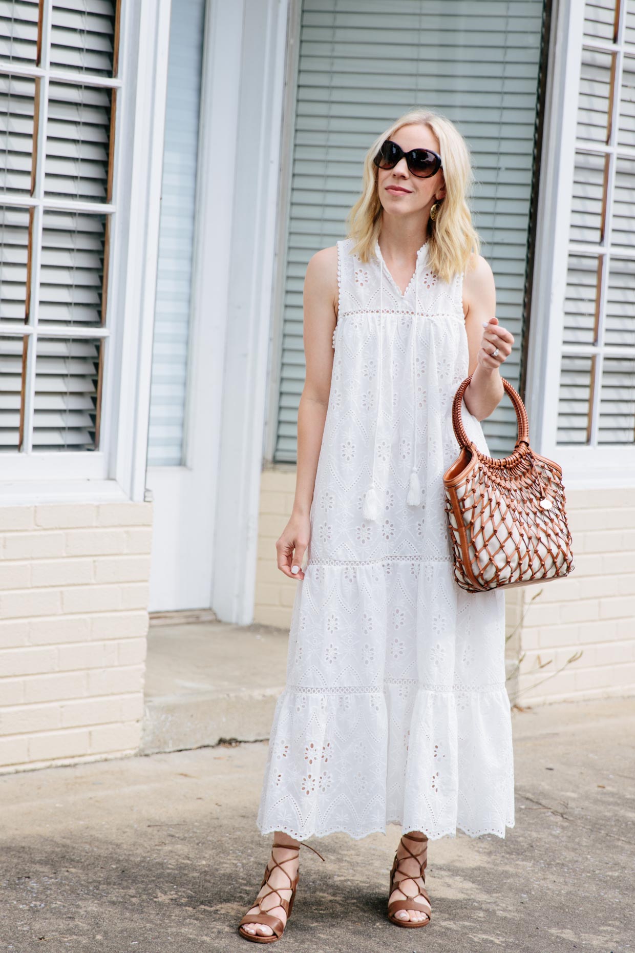 Meagan Brandon fashion blogger of Meagan's Moda wears cream lace midi dress  with croc belt, crob boots and Louis Vuitton Dauphine MM bag - Meagan's Moda